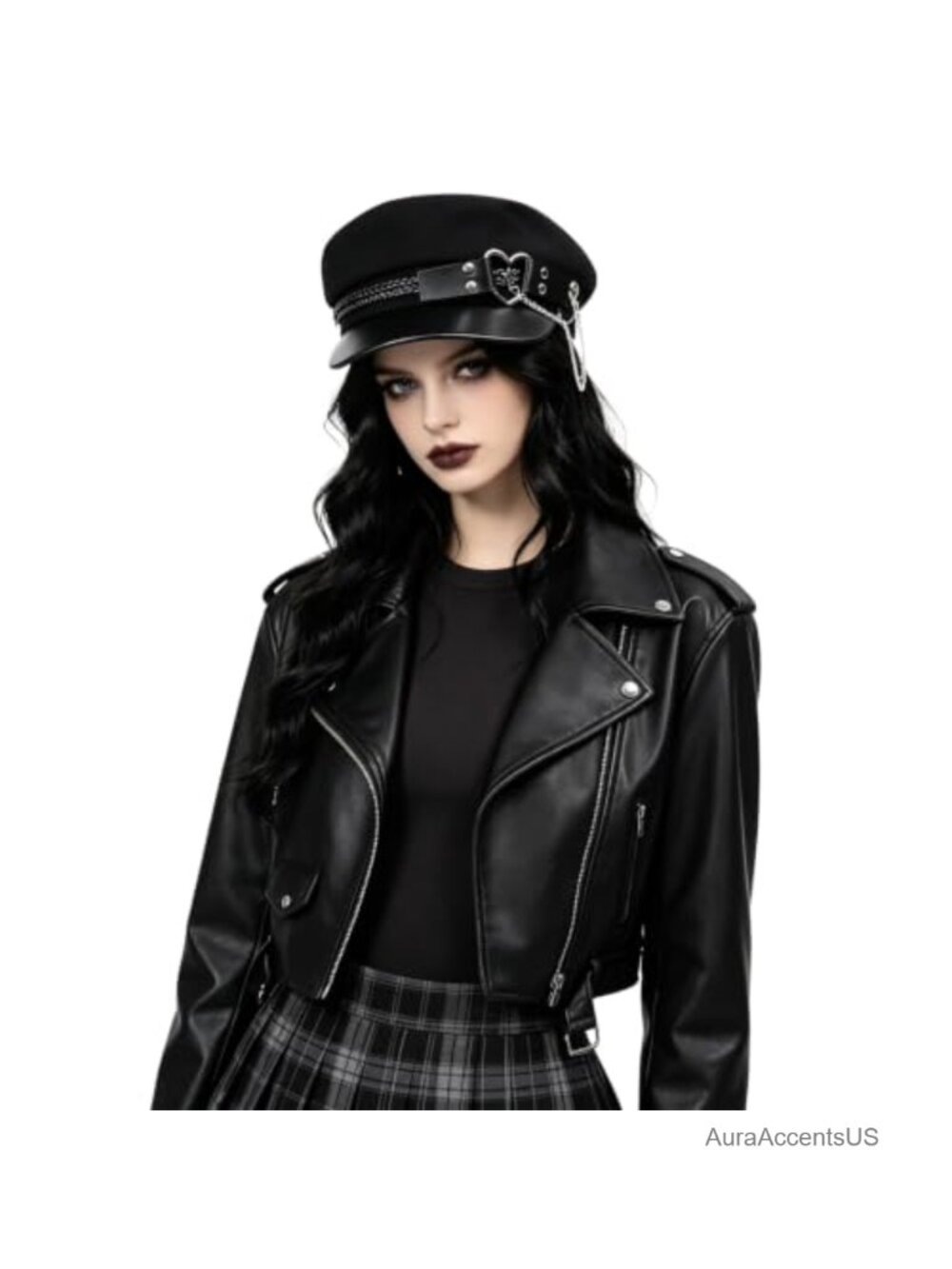 Goth Newsboy Hat Vegan Leather Brim Chain Baker Boy Cap Cosplay